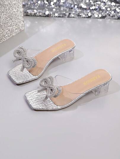 1 Pair Silver Transparent Plus Size Bowknot Slip-On High Heel Slippers, Soft PU Strap, Square Toe, Crystal Clear Chunky Heel, Minimalist Design, Fashionable & Elegant, Lightweight, Suitable For Teens & Young Adults For Daily, Party, Outdoor, Travel, Spring/Summer 2025