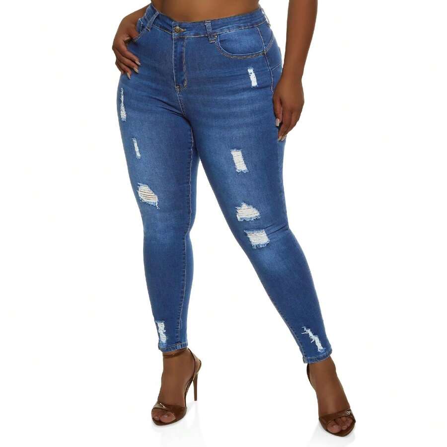 Pantalones vaqueros pitillo de talla grande, de cintura alta, desgarrados y con efecto levantador - Multicolor - Ver 1