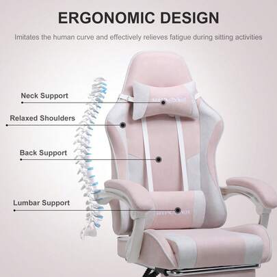 Fabric Gaming Chair, Massage Ergonomic Pink Computer Chair With Footrest, Lumbar Support, Headrest, Height Adjustable Home Office Reclining PC Racing Chairs