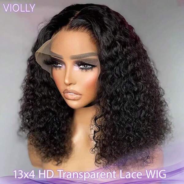 VIOLLY Peruca Violly 200% densidade natural onda profunda transparente 13x4 renda frontal cabelo humano misturado perucas para mulheres cacheado profundo curto bob peruca pré-arrancada linha do cabelo