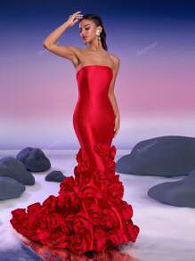 Women's Solid Color Strapless Dress With 3D Floral Decor, Elegant Evening Gown, Formal, Party Dress, For Wedding Guest