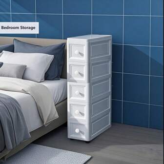 5-Tier Slim Storage Cabinet, Space-Saving Narrow Drawer Organizer With Quiet Sliding Drawers, Movable Plastic Storage Tower For Clothes, Cosmetics, Books, Office Supplies, Bathroom, Suitable For Living Room, Bedroom, Bathroom, Hallway, 25/18/15cm Width, White/Gray