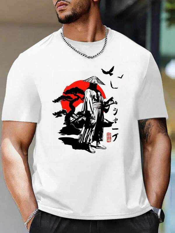 T-shirt a maniche corte con motivo samurai giapponese, t-shirt da uomo girocollo, 220 g/m², per l'estate, in puro cotone, maniche corte (1 pezzo)