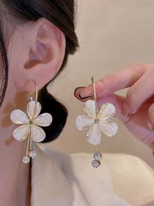 1 par de brincos pendentes longos minimalistas com decoração de strass e design floral circular