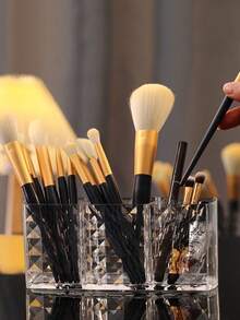 1件钻石纹三格透明笔筒化妆刷收纳盒创意浴室洗脸台桌面化妆笔眉笔口红收纳盒