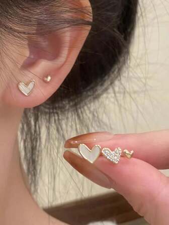 6 件时尚优雅可爱水晶心形耳钉套装，适合节日、派对、约会、日常佩戴