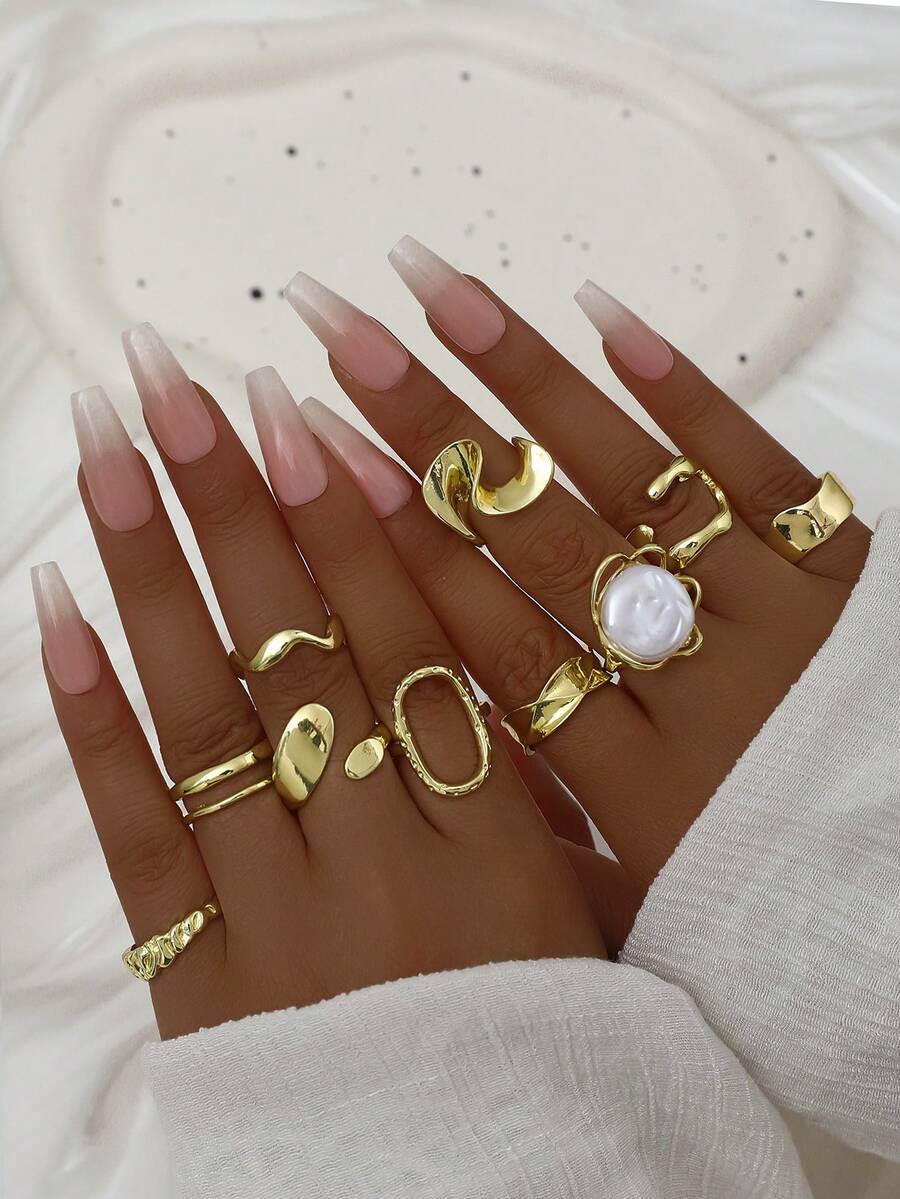 11 Peças Anéis de Moda Oversized de Forma Geométrica Suave, Anéis Femininos Clássicos de Estilo Retrô Vintage na Cor Dourada - Dourado - Visão 1