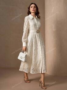 Elegant Embroidered & Solid Color Panel Collar And Cuffs Full Front Opening Romantic Floral Trim A-Line Fitted Dress For Women