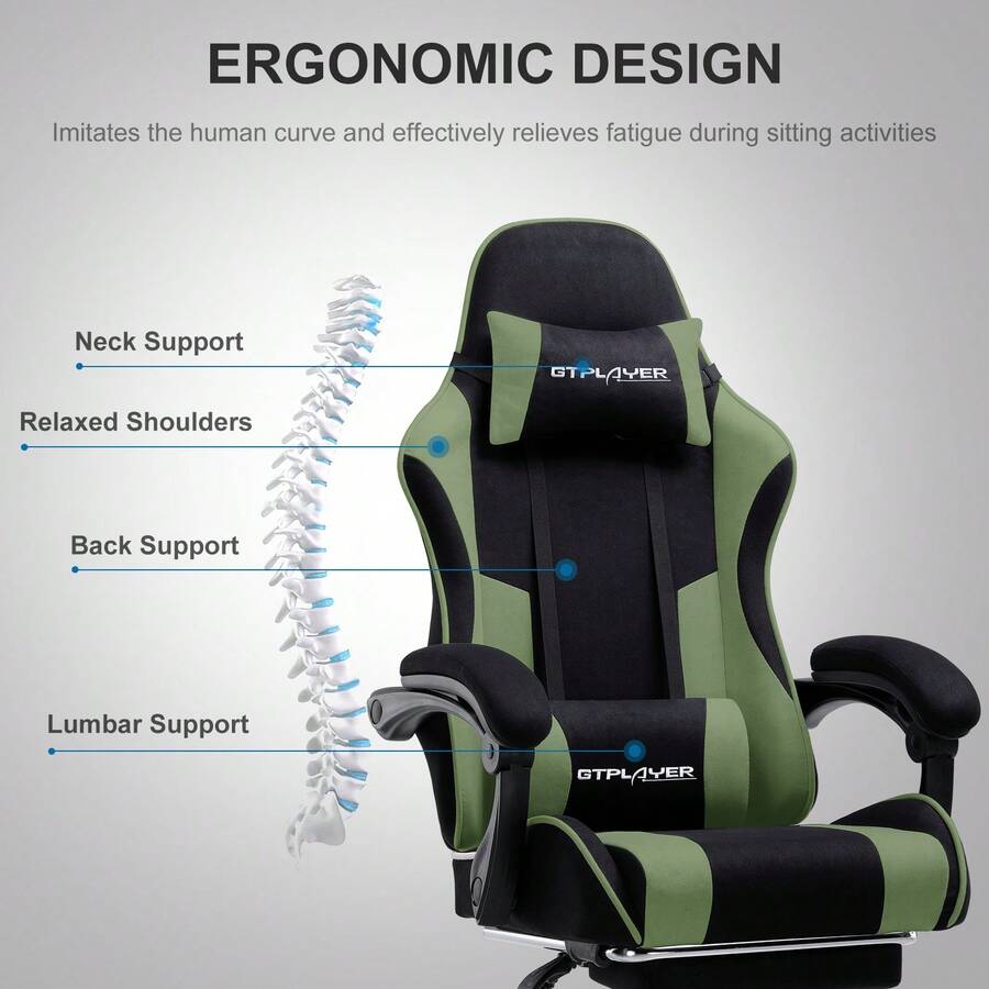 Fabric Gaming Chair, Massage Ergonomic Computer Chair With Footrest, Lumbar Support, Headrest, Height Adjustable Home Office Reclining PC Racing Chairs, Green - 綠色 - 查看 1