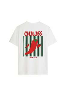 New Women Soft Versatile Casual Loose Fit Round Neck Lightweight Chili Pepper Print T-Shirt, Spring/Summer - White - View 7