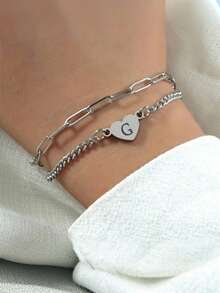 1 件朋克风格 26 字母不锈钢串珠女士/情侣手链，适合女性和情侣休闲日常佩戴 - 銀色 - 查看 15