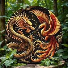 1 pieza Placa metálica redonda con diseño de Dragón y Fénix - Decoración de pared imaginativa para la cueva de hombres, el hogar, el jardín, la terraza, el bar, la decoración de la habitación