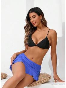 Halcurt Women's Low Waisted Ruched Ruffle Swim Skirts With Hipster Bikini Bottoms Tummy Control Swimsuit - Blue - View 5