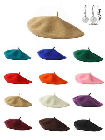 1pc/2pcs Women's Classic Elegant Wool Knitted Beret Hat For Autumn/Winter, Shiny Sophisticated Pearl Earrings, Retro Solid Color Painter Hat, Suitable For Daily Matching
