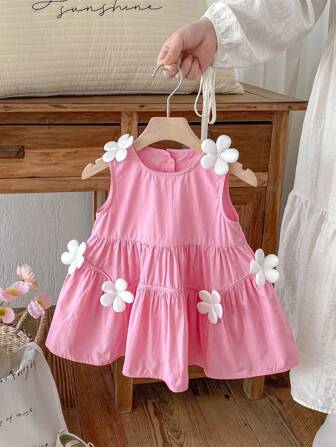 女童无袖纯色可爱花朵装饰连衣裙，夏季
