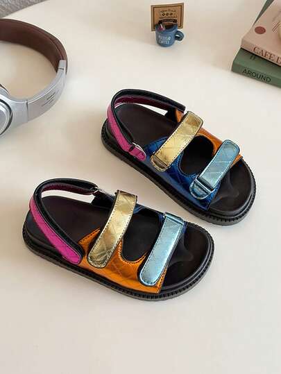 2-5Yrs Kids Summer New Color Block Fashion Girls Sandals, Korean Style Soft Sole Open Toe Hook And Loop Beach Shoes