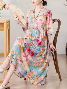 Abito midi da donna in stile boho con stampa floreale, maniche corte, scollo tondo, orlo arricciato, in tessuto lavorato, adatto per l'estate