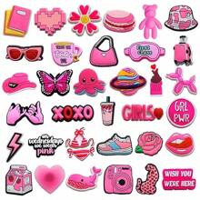 12pcs/22pcs Pink Series Holey Shoes Shoe Flower Set Accessories For Shoes, Beach Bag, Wristband Accessories - Detachable Creative DIY Accessories, Cartoon Design - Ideal Gift For Birthday, Christmas, Valentine's Day, Halloween