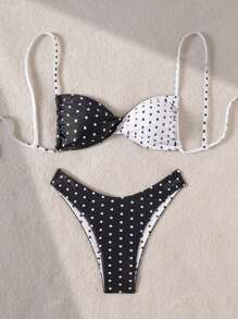 Set di bikini da donna con triangolo sexy apertura sul retro, in bianco e nero a pois, casual, adatto per spiaggia e vacanza