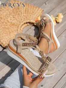 WRCVS Sandal nữ màu be, sandal đế xuồng quai đan, họa tiết hoa ngẫu nhiên đính cườm thủ công, sandal nhẹ kiểu bohemian giúp tăng chiều cao, phụ kiện du lịch thiết yếu. - Màu be - Xem 3