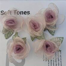 20/10pcs Pink Sheer Mesh Rose Flower Embroidered Appliques With Leaves, Handmade 3D Floral Embellishments For Hair Clips And Craft Decorations