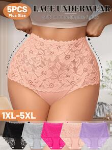 5pcs Women Plus Size Lace Trim High Waist Shaping Briefs, Sexy & Daily Underwear - Multicolor - View 1