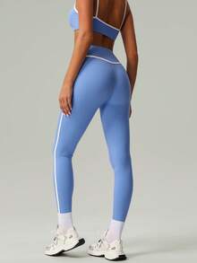 2件套女士时尚白色条纹瑜伽运动文胸和紧身裤套装，春夏款 - 藍色 - 查看 8