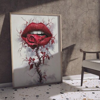 1 Pc Canvas Painting,Red Lips, Rose, Thorn, Artwork, Framed Painting, Chair, Indoor Setting ,Wood Framed Painting (1) Thickness 2.5 Cm/ 1 Inch-Home Decoration For All Occasions,Ideal New Year, Valentine's Day,Thanksgiving,Easter,Christmas Gift,Room Decoration Aesthetic,Wall Decoration Art,Perfect Gift,Autumn And Winter Wall Decoration,Living Room Decoration, Bedroom Decoration, Kitchen Decoration, Entry Decoration, Bathroom Decoration, Direct Wall Painting, High Quality Wall Painting Poster,Modern Home Decoration Stretched And Framed Ready To Hang