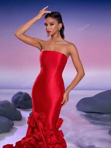 Women's Solid Color Strapless Dress With 3D Floral Decor, Elegant Evening Gown, Formal, Party Dress, For Wedding Guest