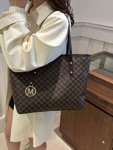 New Fashion Women's Large Capacity Full Body Print Design Letter Pattern Decoration Design Double Handle Tote Bag Suitable For Work And Commuting,School Bag,Large Capacity,Portable,Classic Casual,Business Casual,For Teen Girls Women College Students,White-Collar Workers,Perfect For Work,Back To School,Middle School,High School,College,Vacation, Fashionable Tote Bag With Zipper