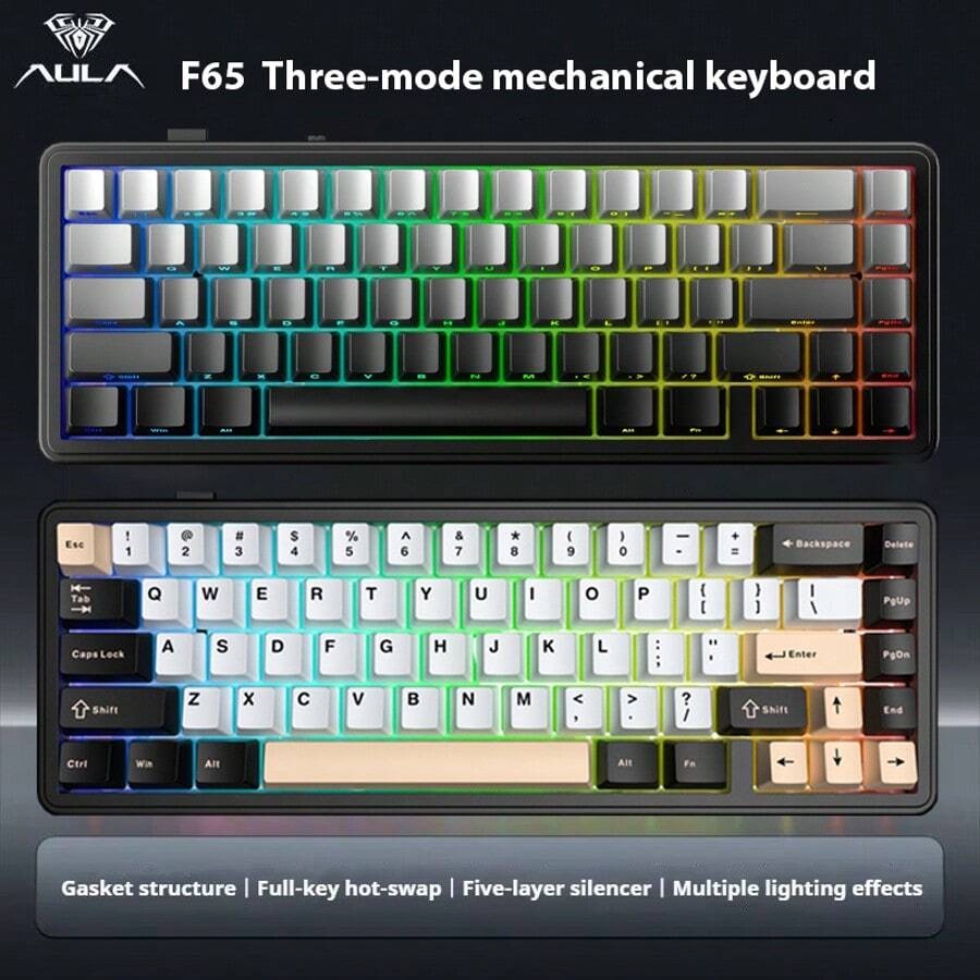 AULA F65 客制化机械键盘垫片结构热插拔垫片客制化游戏键盘，五层垫片，RGB 背光蓝牙/无线 2.4GHz/USB 三模连接，专供电竞、游戏、办公使用