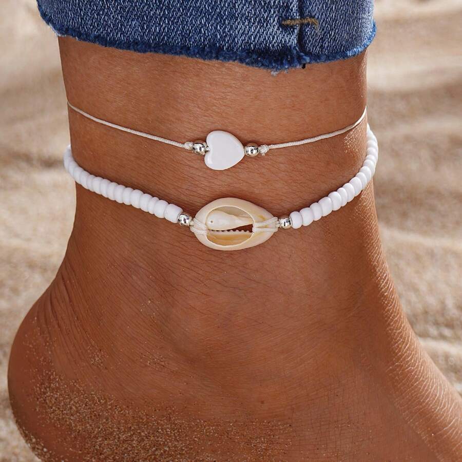 2pcs Set Fashionable Soft Clay Seashell Anklets, Boho Style Handmade Double-Layer Foot Jewelry For Women