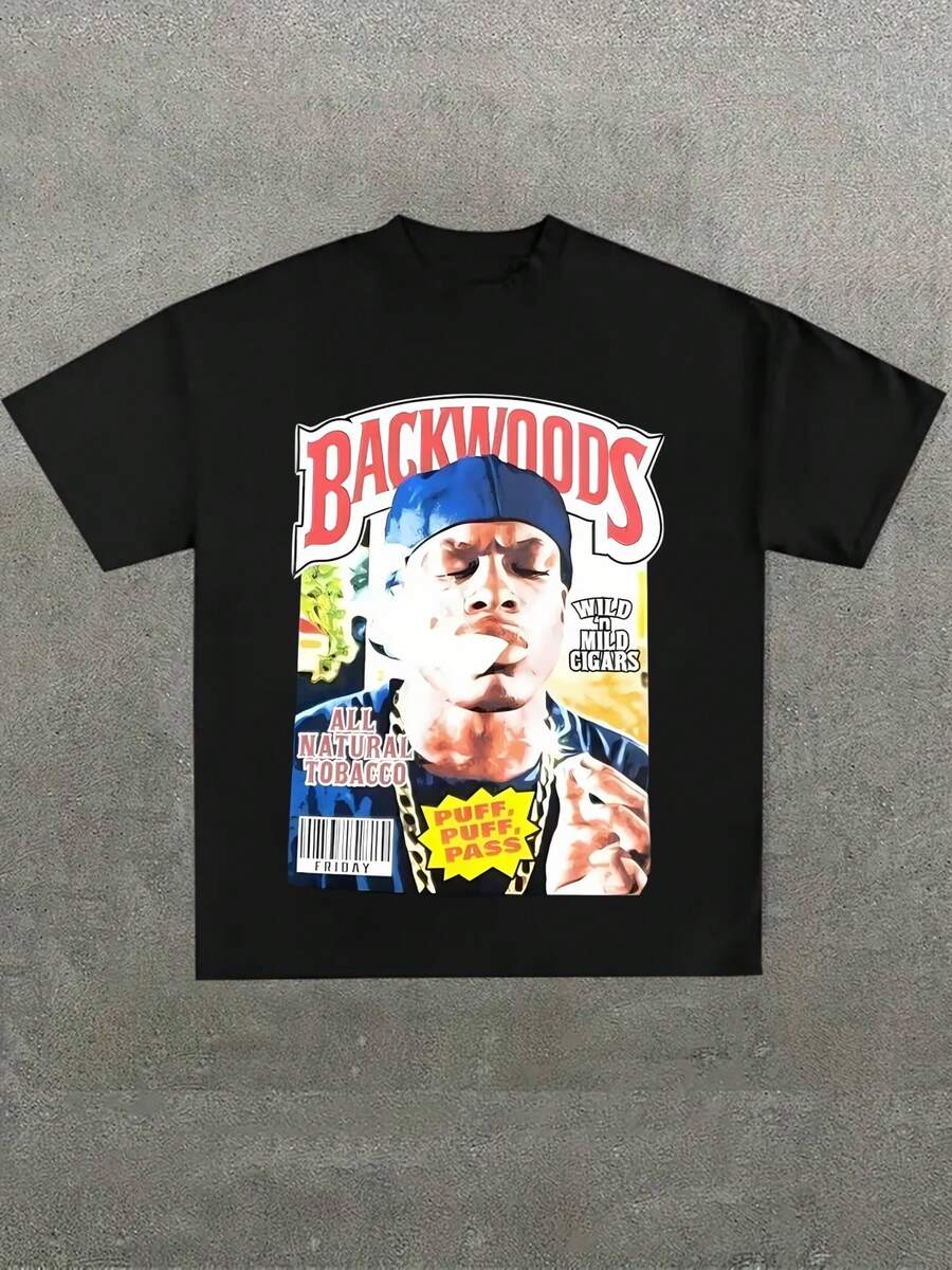 Backwoods Cigars Themed Print Men's Short-Sleeve T-Shirt,Casual Digital Print Pure Heavy Cotton T Shirt,220g Cotton T-Shirt,Gift,Summer,Unisex - Black - View 1