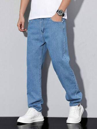 欧美风青年男士深蓝色紧身直筒牛仔裤