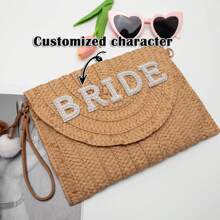 1pc Customized Simple Versatile Handwoven Hollow Straw Tote Bag, Suitable For Beach Holiday Shoulder Bag