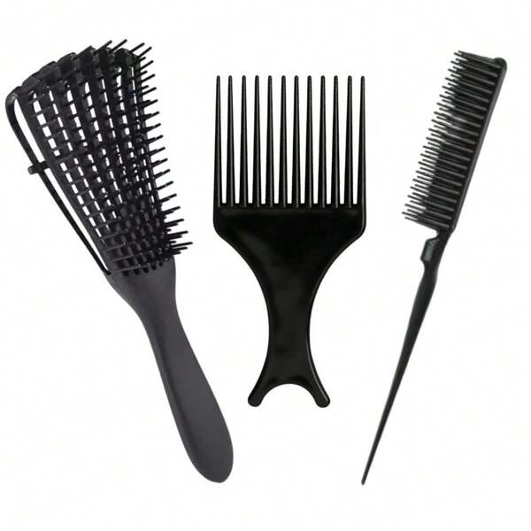 Kit Cuidados Para Cabelos Cacheados & Crespos CORES SORTIDAS - Escova Polvo - Pente tres fileiras & Pente Garfo.