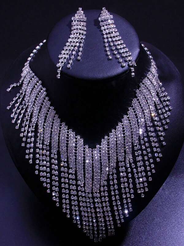 3 Peças Conjunto de Joias de Casamento, Brincos Femininos de Strass com Borla, Colar, Acessórios para Vestido de Banquete e Casamento
