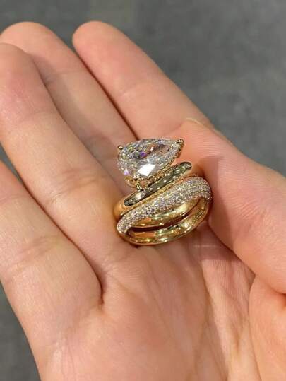 مجموعة مكونة من قطعتين من خواتم المجوهرات النسائية صناعة فرنسية فاخرة من ماده الفضة 925 بتصميم قطرة ماء مرصعة بأحجار زركون، مناسبة لهدايا الخطوبة والزفاف والمناسبات الخاصة