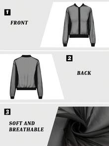 Tankaneo Women's Lightweight Long Sleeve Zip Up Crop Mesh Sheer Bomber Jacket Christmas Gift & New Year Gift - 黑色 - 查看 4