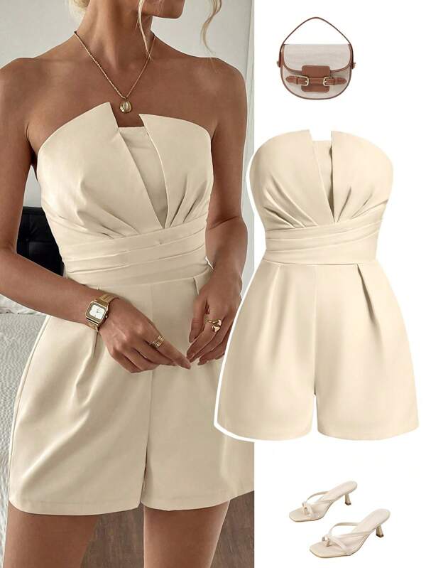 Combinaison femme élégante de couleur unie, Top bandeau, convient pour le shopping quotidien, le thé de l'après-midi, les petites fêtes