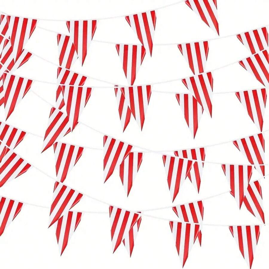 1 pieza Banderín a rayas rojas y blancas, decoración de fiesta de carnaval, circo, festival, guirnalda colgante de banderas triangulares, suministros de fiesta de cumpleaños