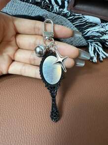 Vintage Girl Mini Mirror Charm Gothic Style Keychain,With Bell And Four Pointed Star,Makeup Mirror Bag Pendant,Perfect Gift For Birthdays & Special Occasions,Key Chain Ring Bag Backpack Charm Car Hanging Pendant Women Girls Gift,Wallet And Handbag Accessories, Keychain Phone Case Accessories,Four Colors Available