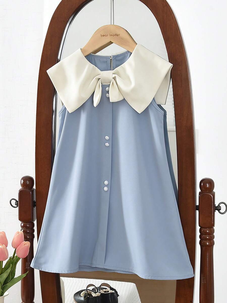 Contrast Color Collar Sleeveless Dress For Girls, Sweet & Cute Style, Suitable For Summer Wear - Blue - View 1