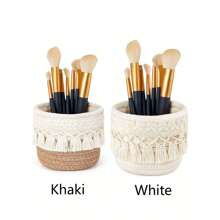 Makeup Brush Storage Box, Mini Storage Basket, Bohemian Style Decorative Basket For Pencil Case, Khaki And White