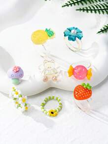 8pcs/Set Summer Dopamine Flower Resin Rings, Elegant Fresh And Simple Fruit Design Pineapple & Strawberry Rings For Women