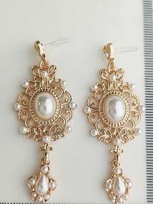 2 件波西米亚复古宫廷巴洛克珍珠耳环，适合女士，适合派对和日常佩戴 - 金色 - 查看 4