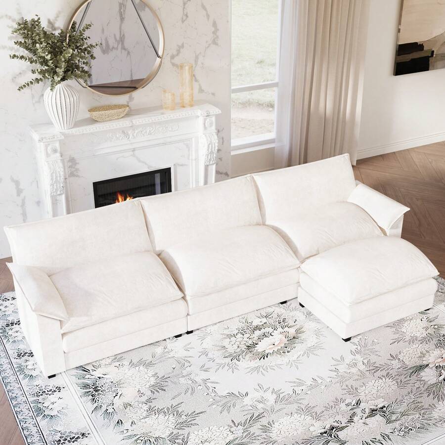 L-Shaped Modular Sofa In Chenille Fabric, Four-Seater Modular Sofa, Comfortable For Living Room/Bedroom/Apartment - trắng - Xem 1