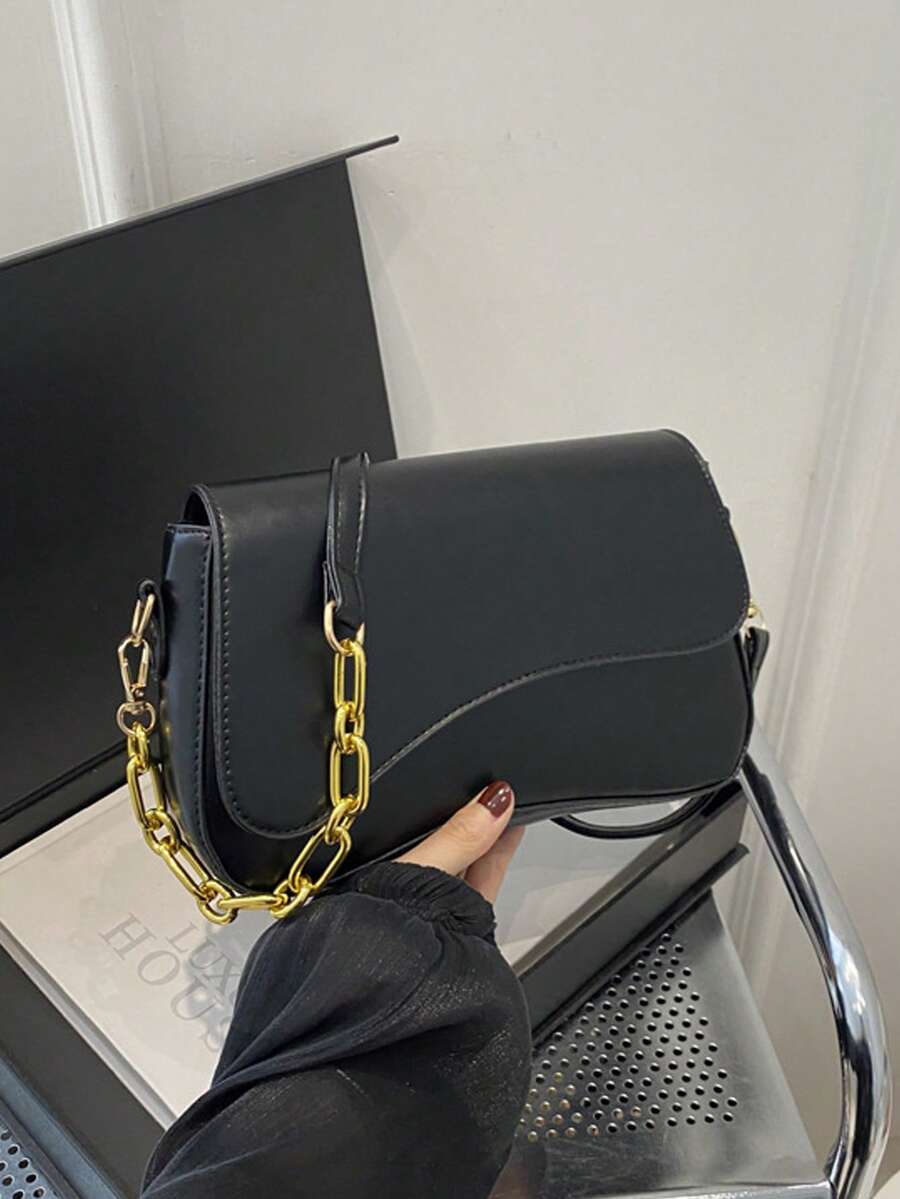 简约纯色单肩翻盖包，经典纹理斜挎包，女士钱包