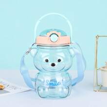 1000ml Cute Bear Water Bottle With Lock Lid & Strap - Leakproof PC Travel Cup For Kids & Adults - Cartoon Tumbler For School, Gym, Outdoor