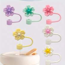 1/2/3/4/5/6/7/8 件卡通花朵吸管杯盖，硅胶吸管盖适合 30 和 40 盎司带手柄玻璃杯，10 毫米可爱吸管尖盖适用于杯子配件